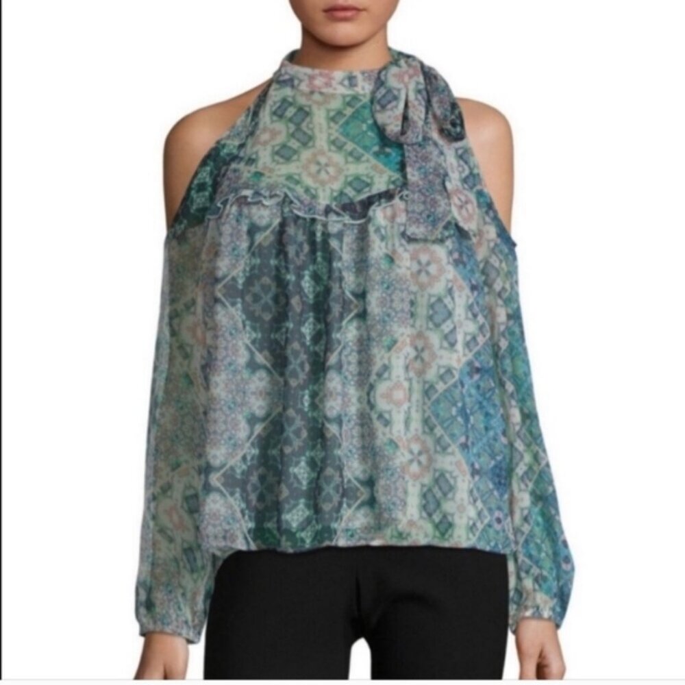 LIBBY EDELMAN Boho Tile Printed Neck Tie Cold Shoulder Coquette Cottage Blouse S